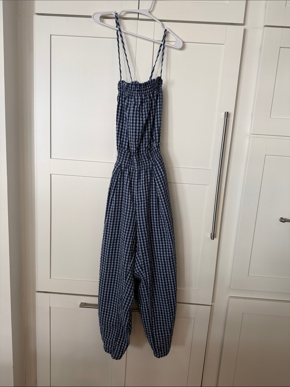 Blue Gingham Smocked Strap Jumpsuit
